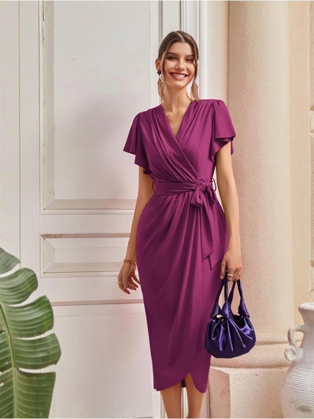 Grace Karin Plum Purple Faux Wrap Flutter Sleeve Tulip Midi Cocktail Dress XL